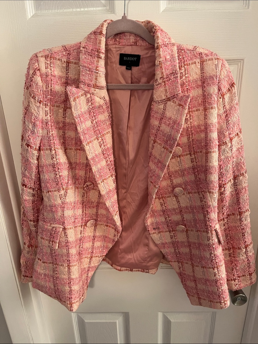 Bardot Pink and Cream Plaid Tweed Blazer and skirt